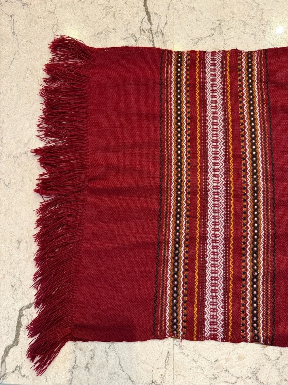 Ecuadorian 100% Wool Scarf Wrap Burgundy Woven Geometric Fringe Boho